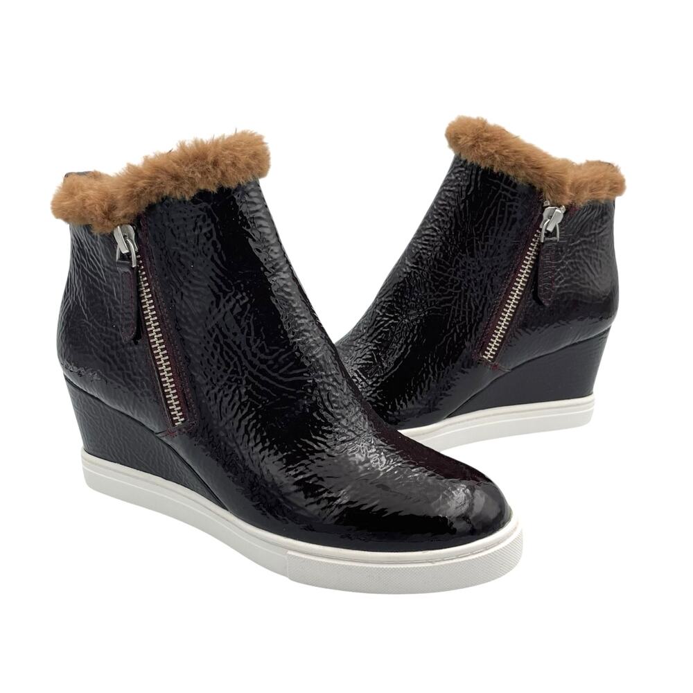 Linea Paolo Foxie Bootie Brown Patent Leather Faux Fur Trim Wedge Sneakers